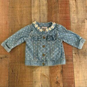 Little lass baby girls blue denim jacket white polka dots and embroidered daisy